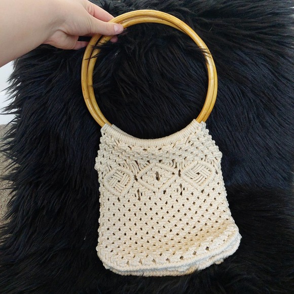 Vintage 70s Handmade Macrame Bamboo Handle Handbag - Picture 1 of 8